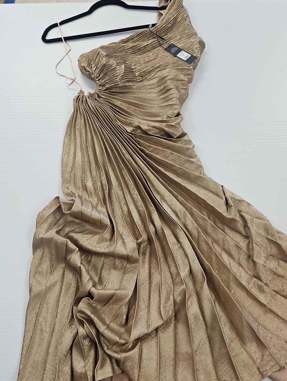 Fashion Nova Metallic Gold One-Shoulder Pleated Gown